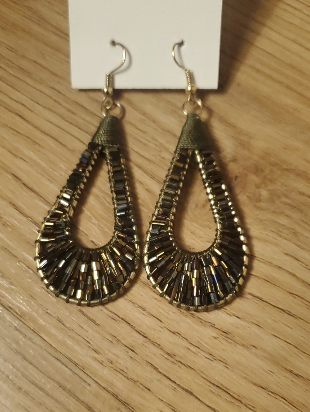 Source Unknown Olive Green and Gold Teardrop Beaded Earrings